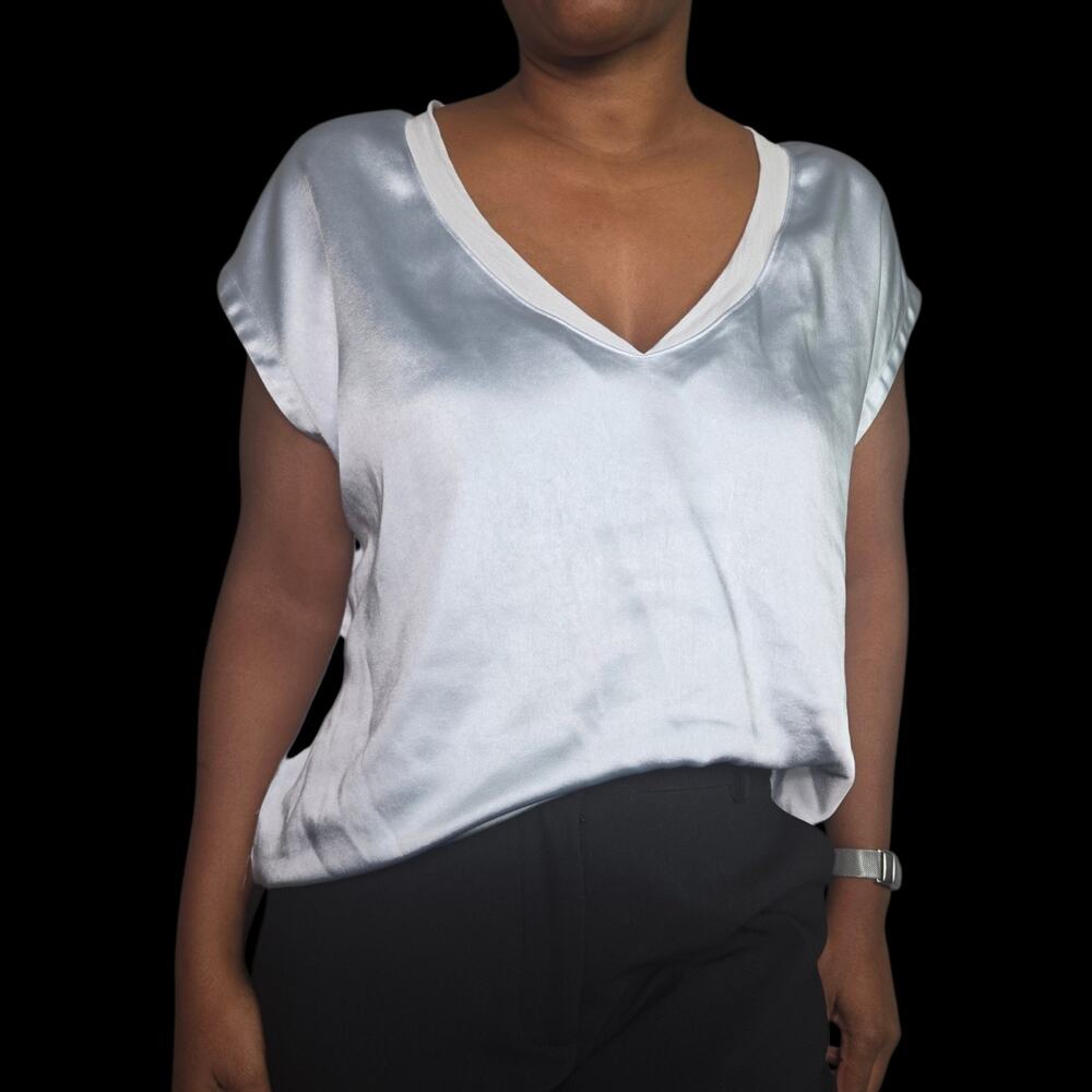 Melissa Nepton Jaze Light Blue Satin Silky V Neck Cap Sleeve Blouse Top Medium